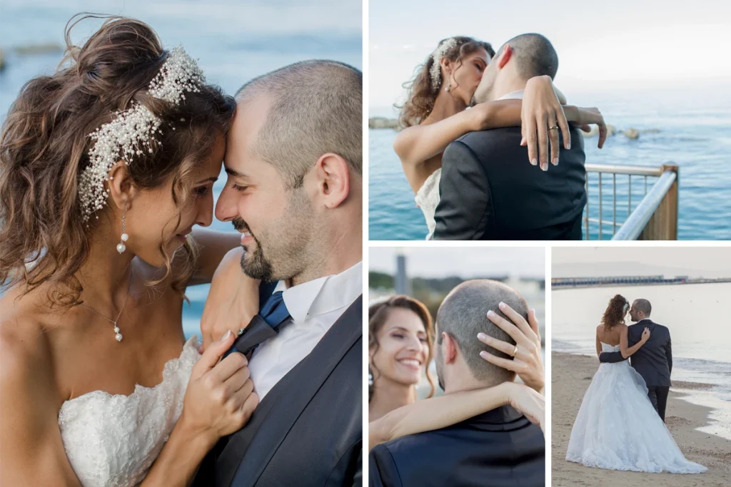 foto di matrimonio con una coppia di sposi che si abbraccia sul pontile di Francavilla al Mare