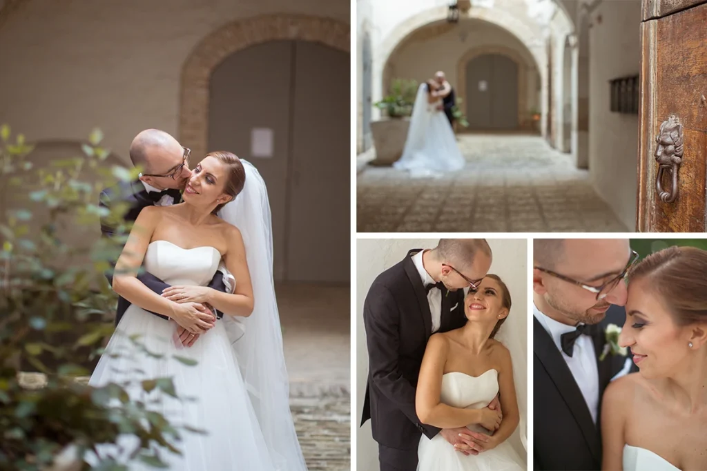 foto di matrimonio con una coppia di sposi tra le vie del centro storico di Città Sant'Angelo