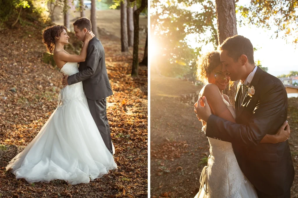 foto di matrimonio con una coppia di sposi che si abbraccia al tramonto in un parco di Offida