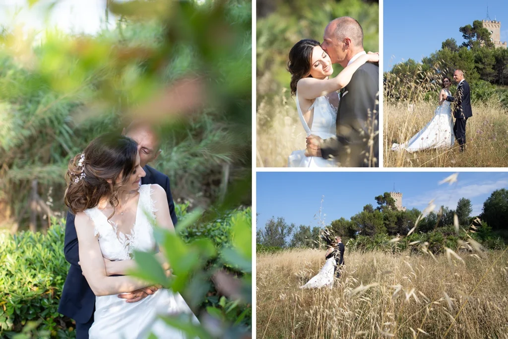 foto di matrimonio con una coppia di sposi che si abbraccia nel parco della Torre di Cerrano