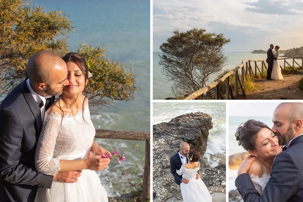 foto di matrimonio con una coppia di sposi al mare di Manfredonia
