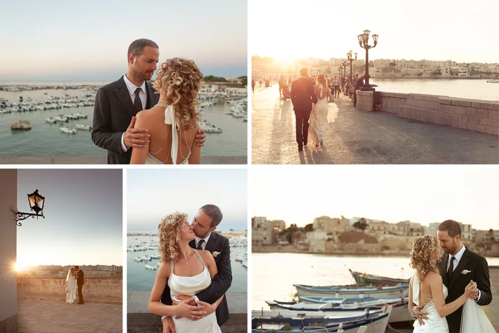 foto di una coppia di sposi abbracciati al tramonto lungo i bastioni di Otranto, in salento