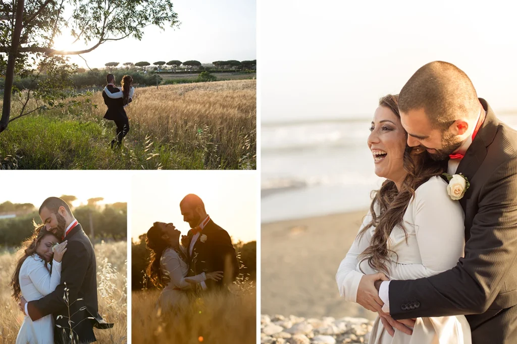 foto di una coppia di sposi abbracciati in un campo di grano