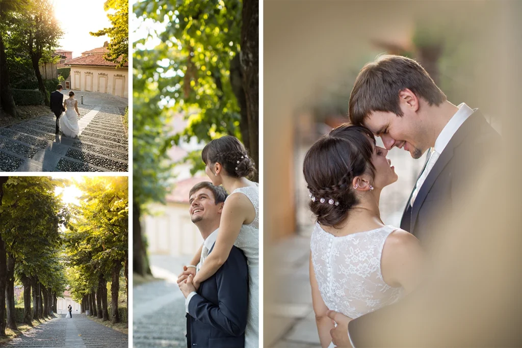 foto di matrimonio di una coppia di sposi lungo la scalinata del Santuario di Montevecchia (Lecco)